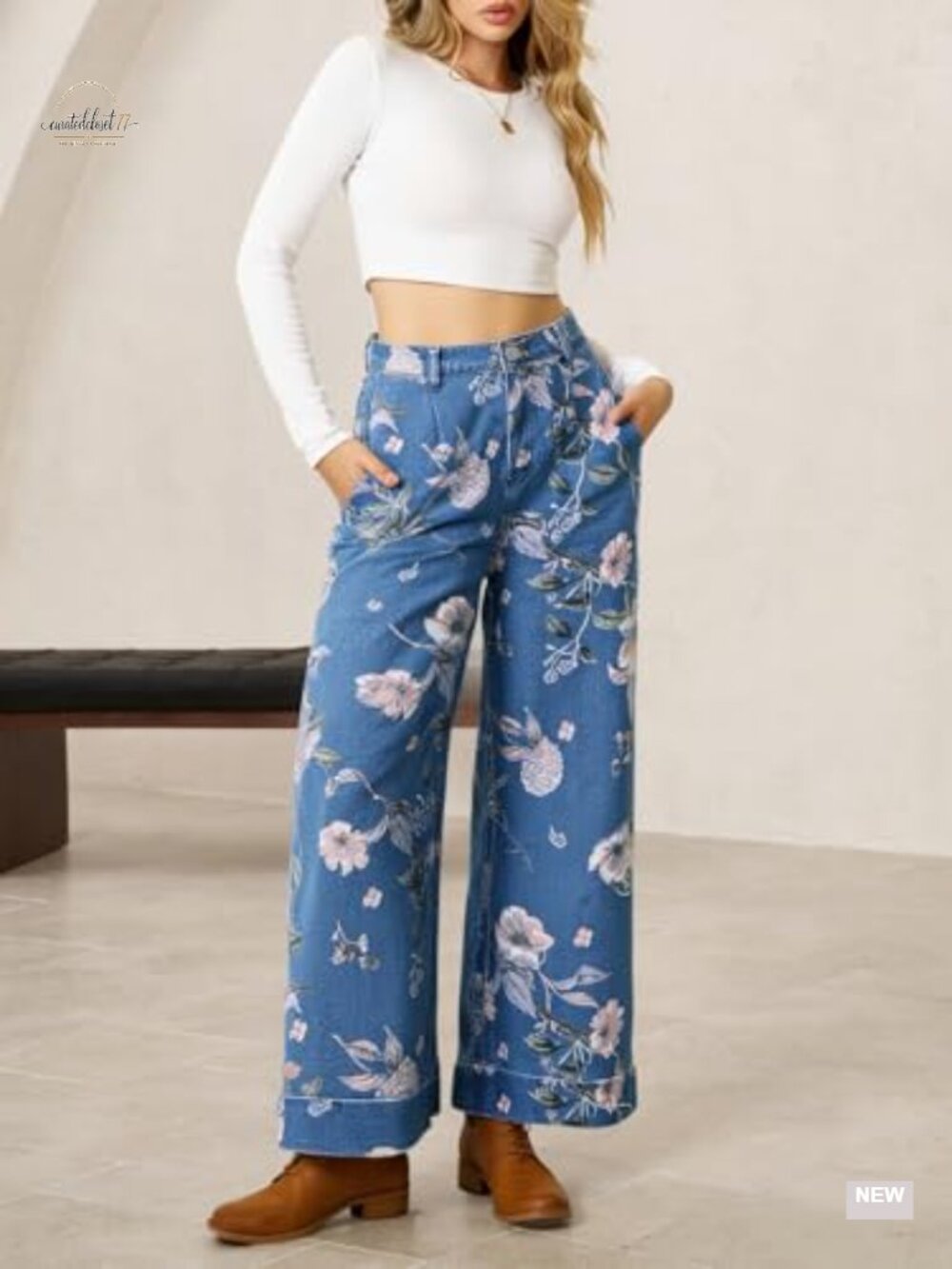 Floral Baggy Wide Leg High Waisted Denim Jeans Boho Print Cotton Blend Relaxed - Picture 4 of 6